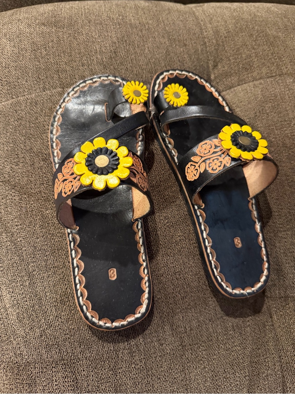 Black Leather Slide Sandals with Yellow Sunflower Accent